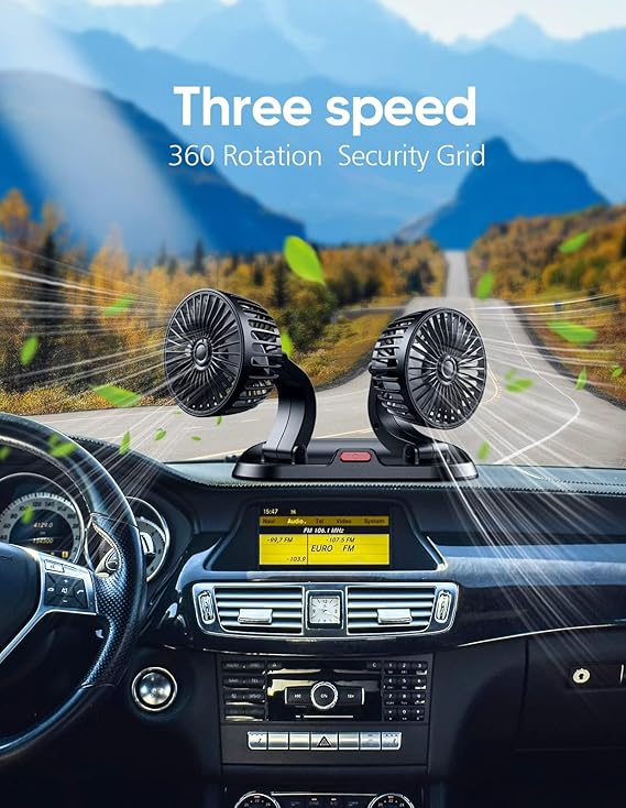 Universal 12V Mini Car Dual Fan Low Noise Summer Car Air Conditioner 360 Degree Rotating Fan