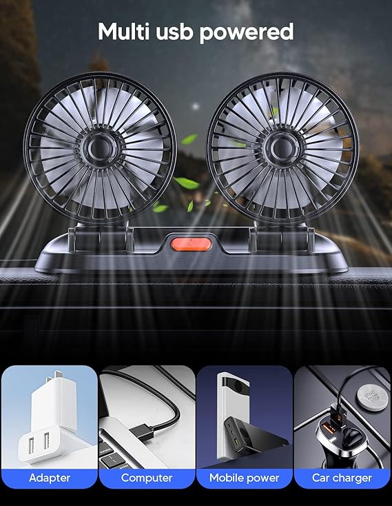 Universal 12V Mini Car Dual Fan Low Noise Summer Car Air Conditioner 360 Degree Rotating Fan